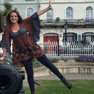 Brown & Navy Floral Wide Bell Sleeve Tunic Strappy Dress Size Medium